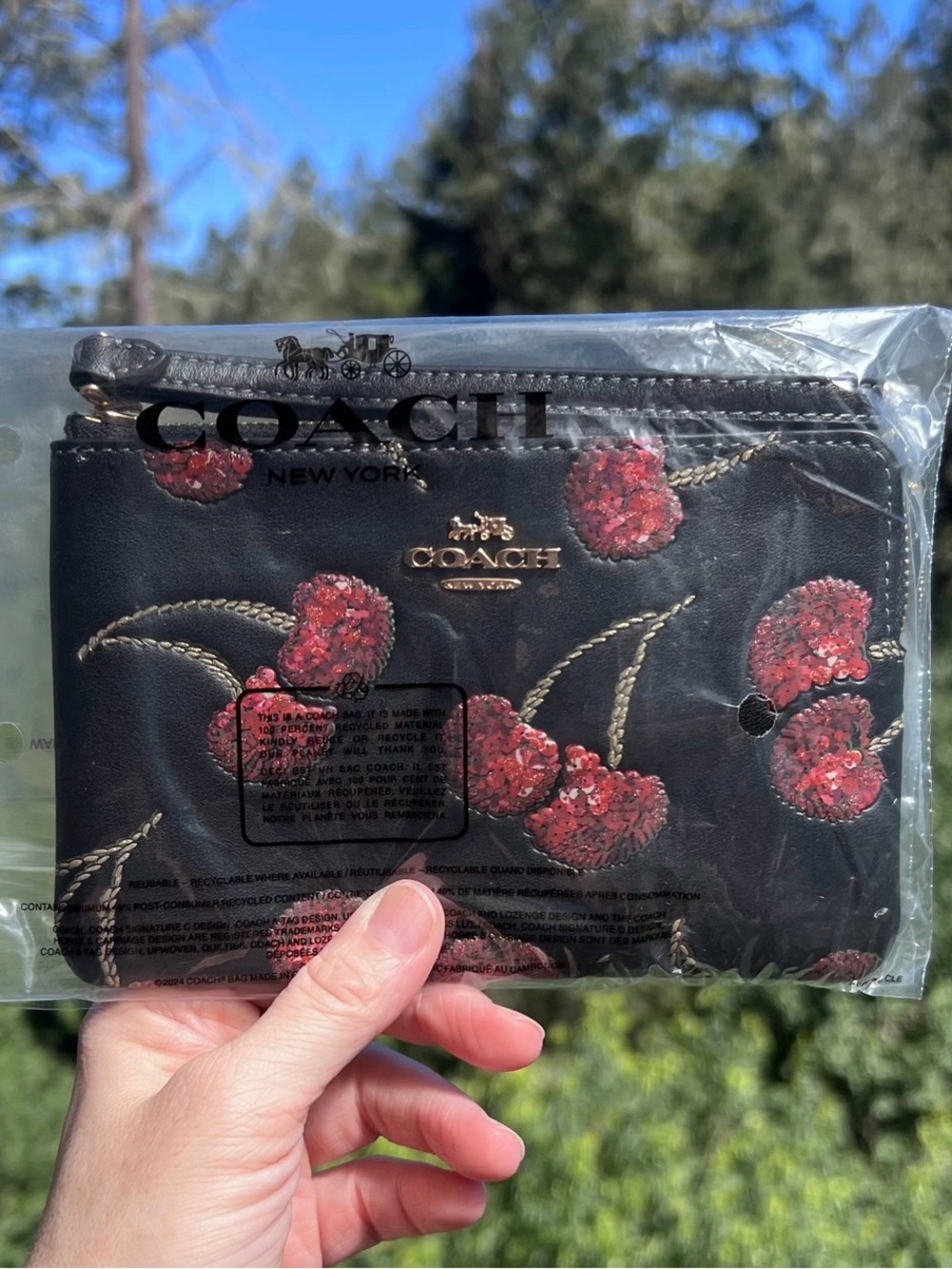 COACH Black Leather Corner Zip Wristlet With Cherry Print Gold Hardware NWT